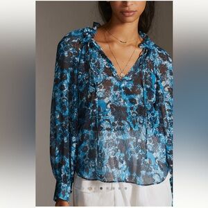 Anthropologie Blue Floral Sheer Blouse